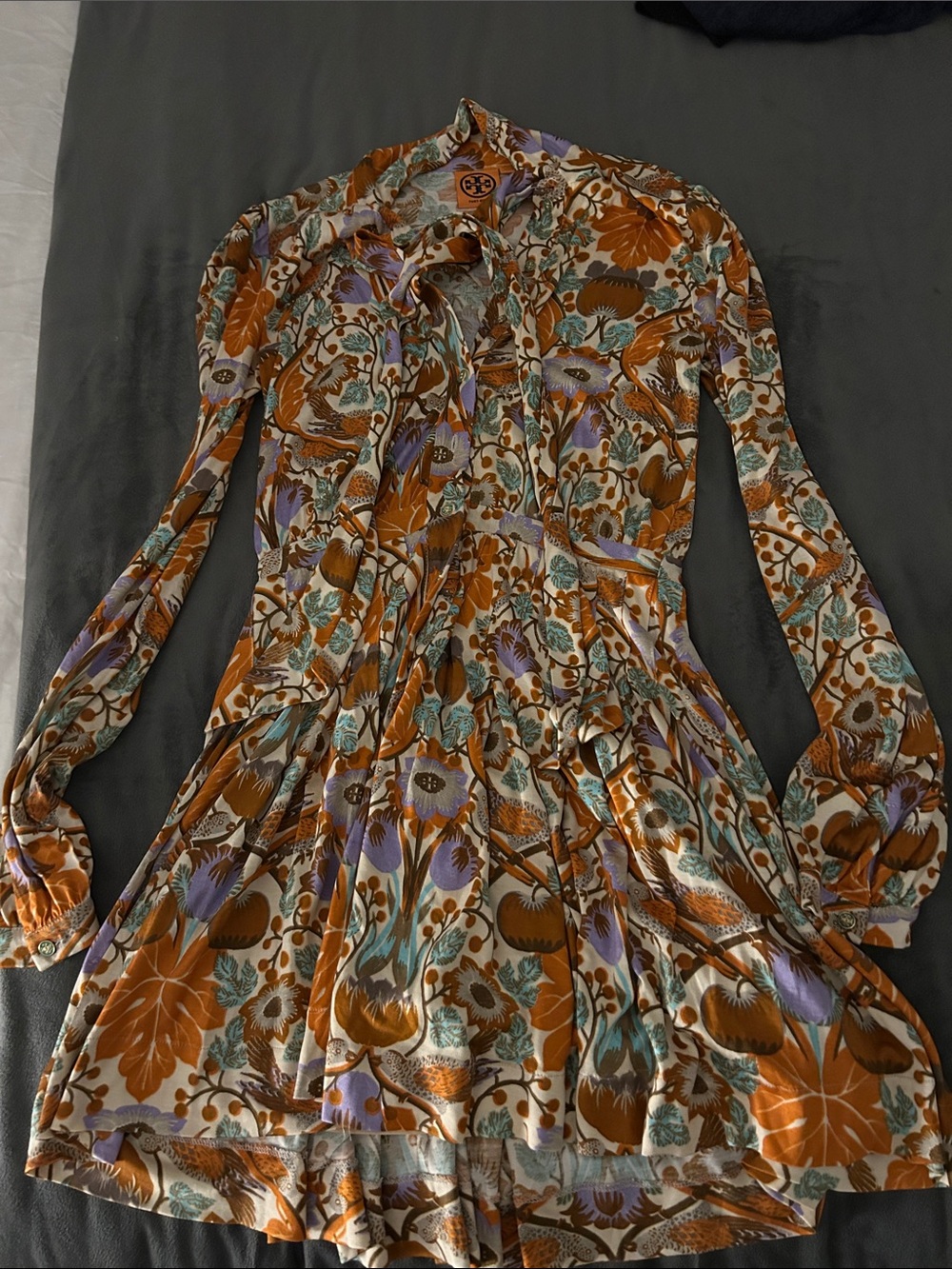 Tory Burch Rust, Lavender and Teal Floral Long-Sleeve Tie-Neck Dress
